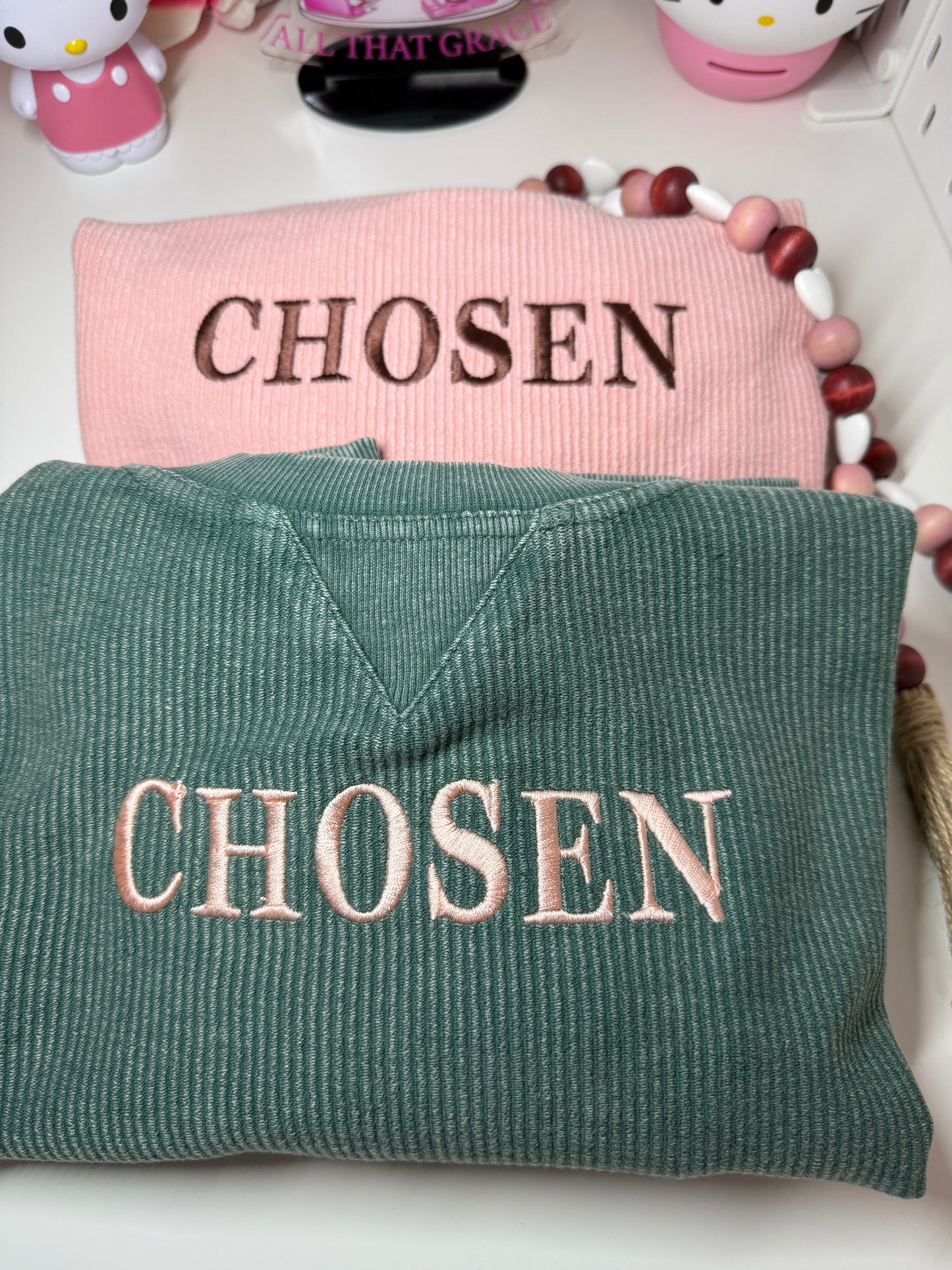 Chosen Embroidered Corded Boxy Pullover in Green