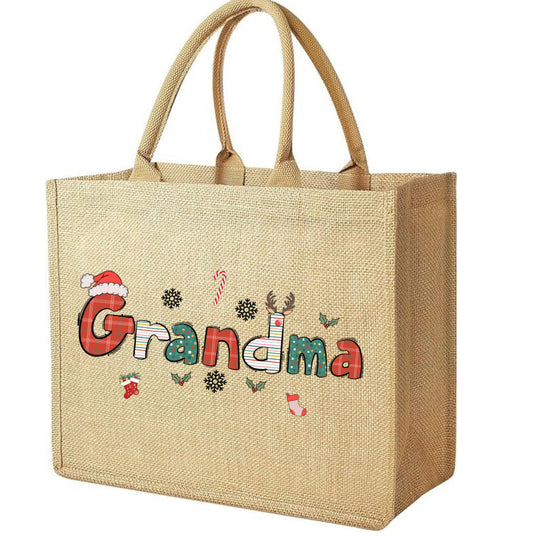 Personalized Name Burlap Tote Bag, Large Capacity Jute Bag, Shopping Bag, Holiday Party Favor, Christmas Gift for Mom/Family/Kid/ Santa Hat