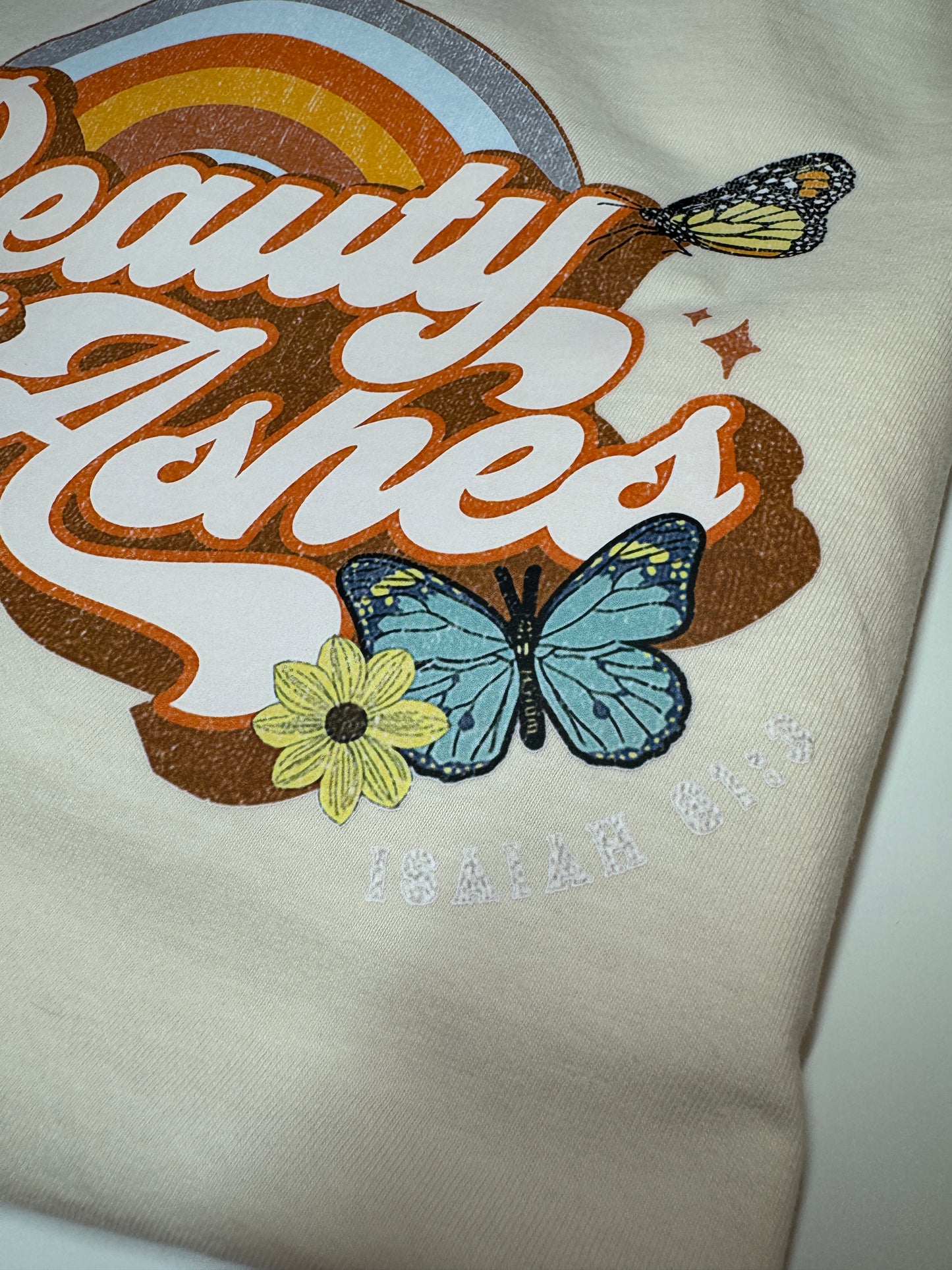 Beauty From Ashes Bible Verse Boho Butterfly Boxy Fit Tee in Ivory