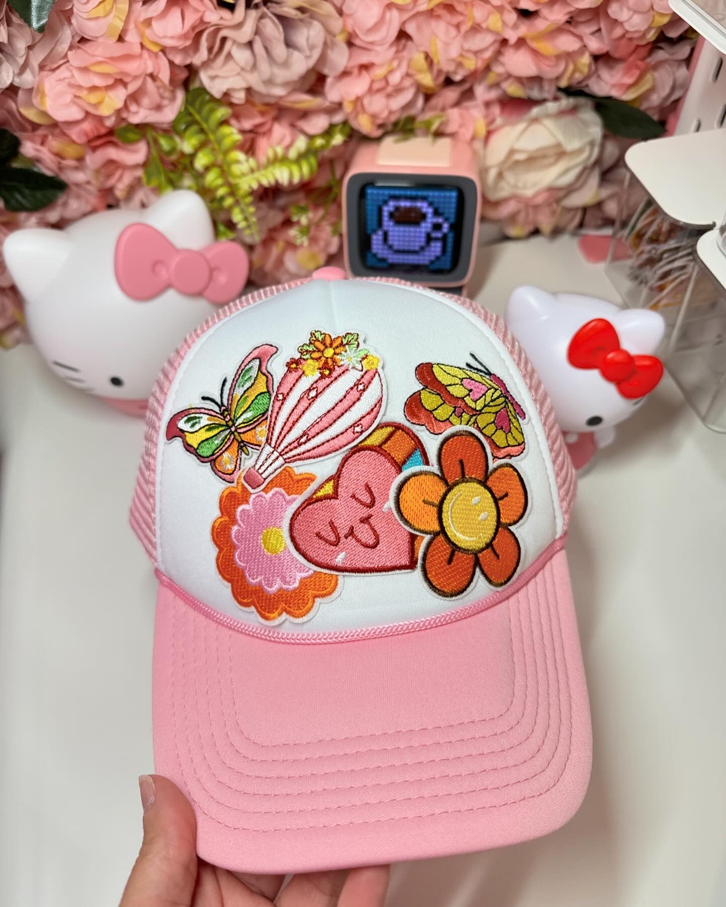 Retro One of A Kind Patch Trucker Hat in Pink and White