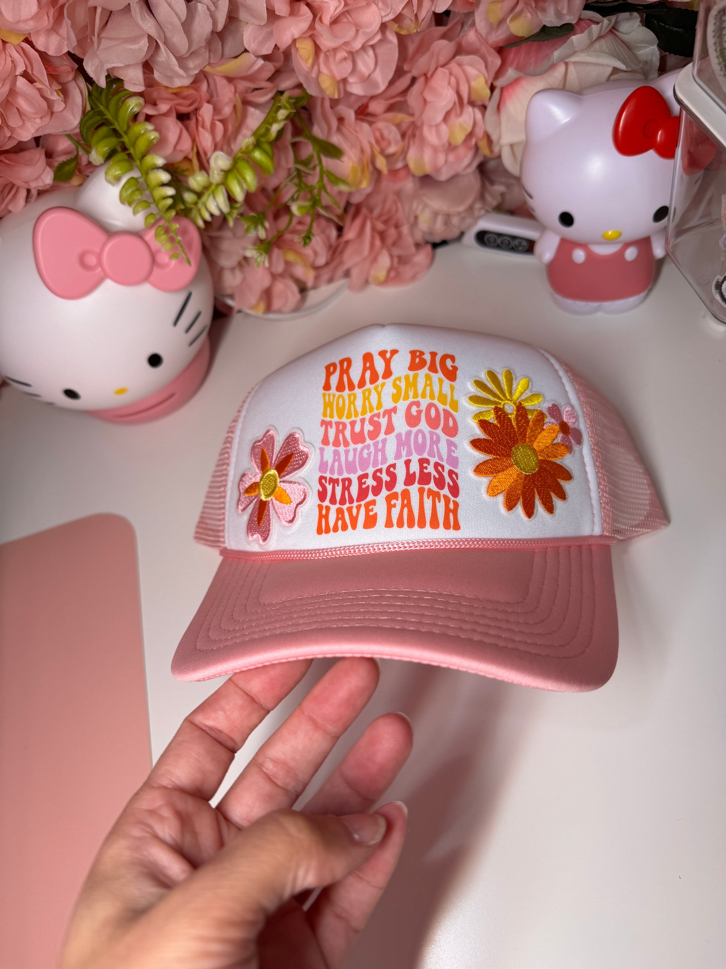 Pray Big Worry Small Trust God Floral Retro Pink & White Trucker Hat