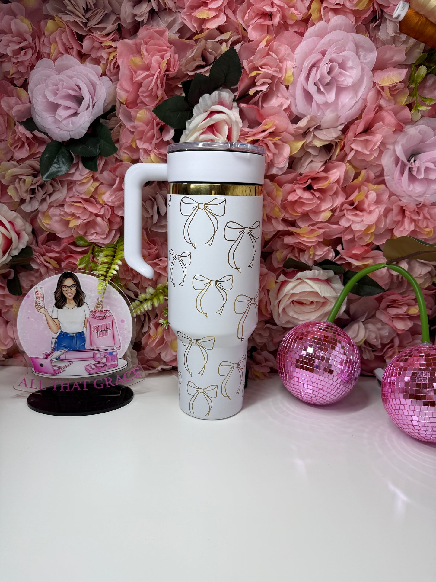 Bow Coquette Engraved Tumbler Gold and White 40oz Available in Different Colors