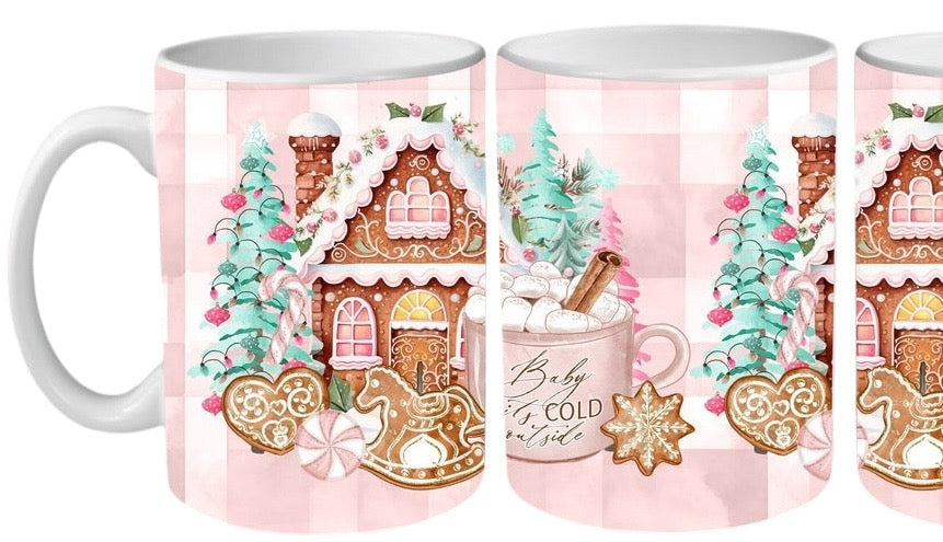 Baby It's Cold Outside Pink Gingham Gingerbread House Christmas Ceramic Coffee Mug