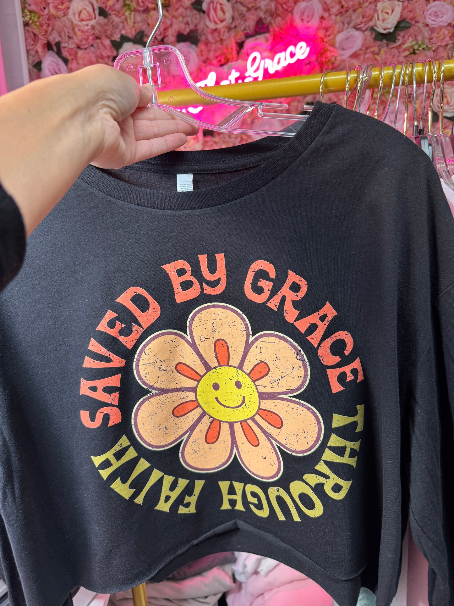 Retro Saved By Grace Through Faith Tee in Black