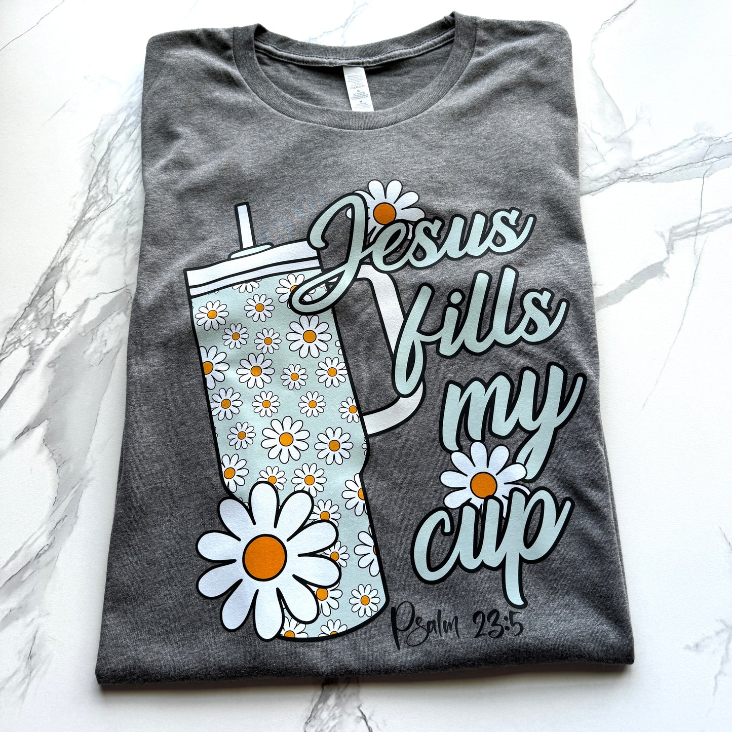 Jesus Fills My Cup Psalm 23:5 Tee in Gray Heather Unisex