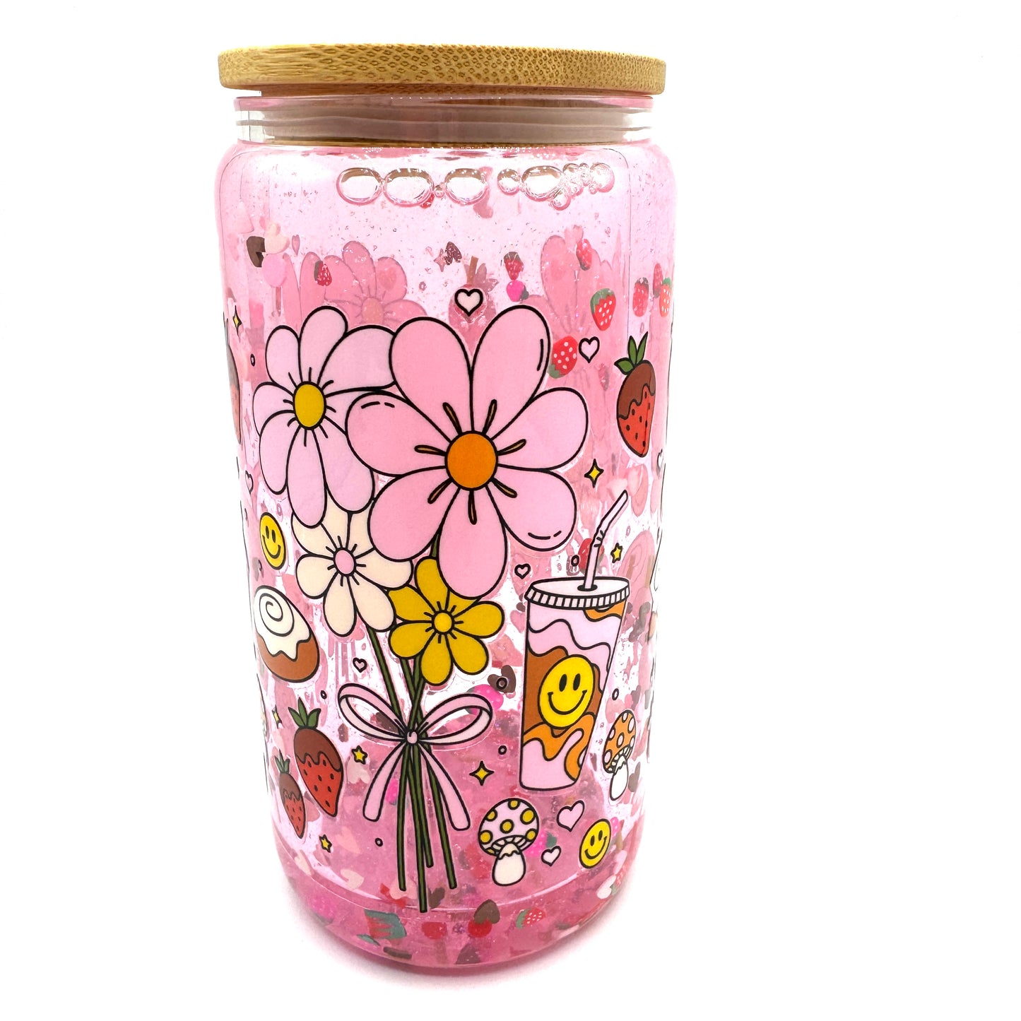 Retro Flower, Strawberry and Coffee Pink Filled Snow Globe 20oz Glass Libby Cup