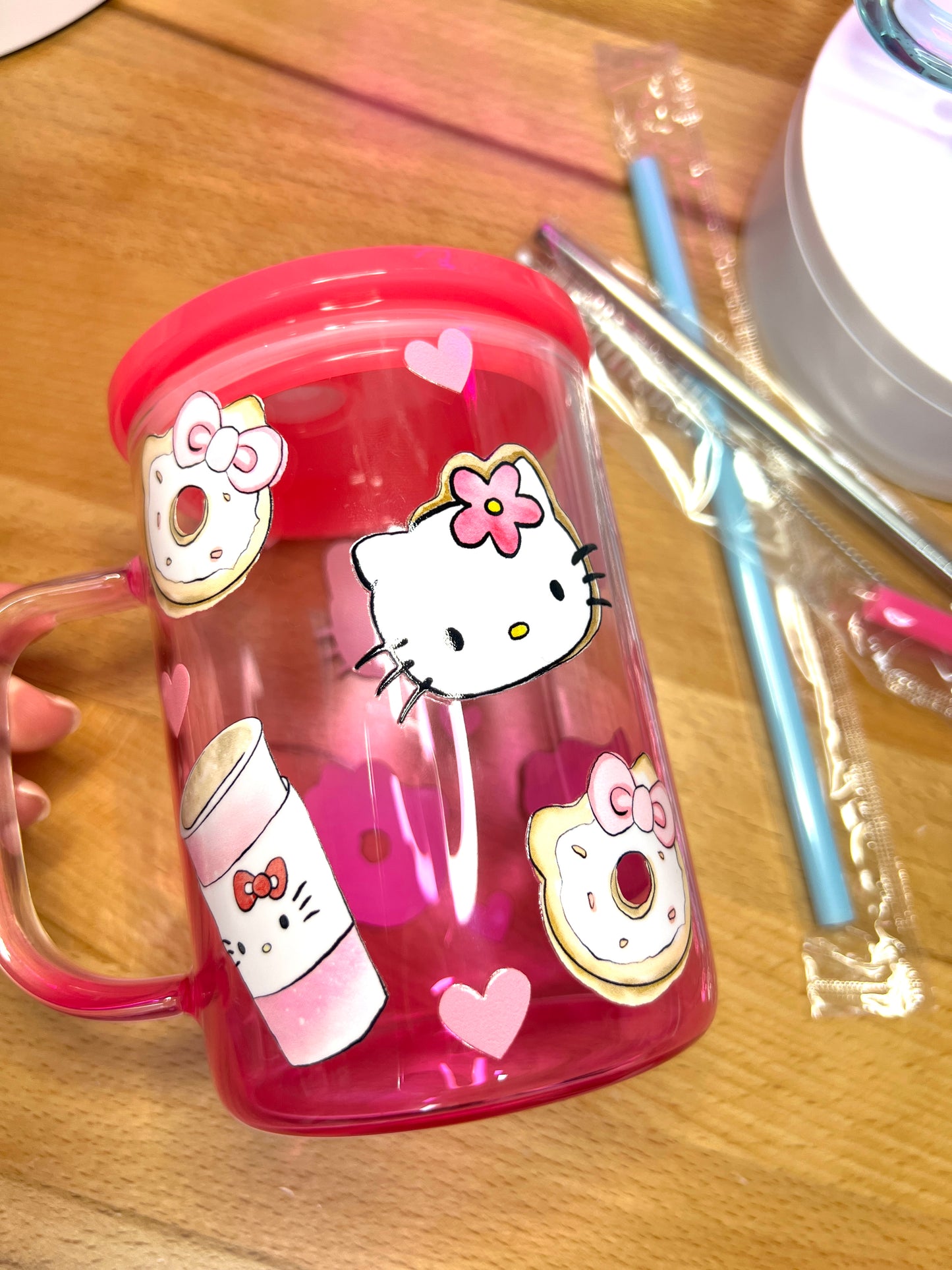 Cat, Coffee and Donut Gradient Mug in Pink