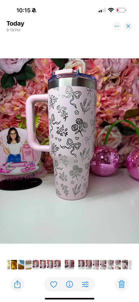 Floral Bow Coquette Engraved Peppermint Cream Blush Tumbler 40oz