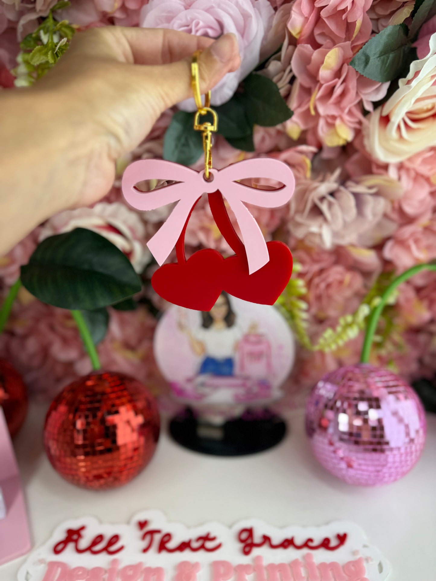 Heart Cherry Coquette Bow Acrylic Double Tap Smart Tap Keychain