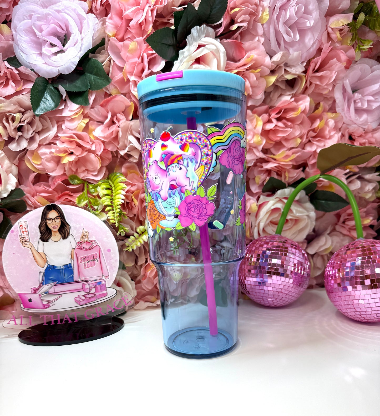 Ice Cream 80's Retro Bear Acrylic Tumbler 40oz in Blue & Pink