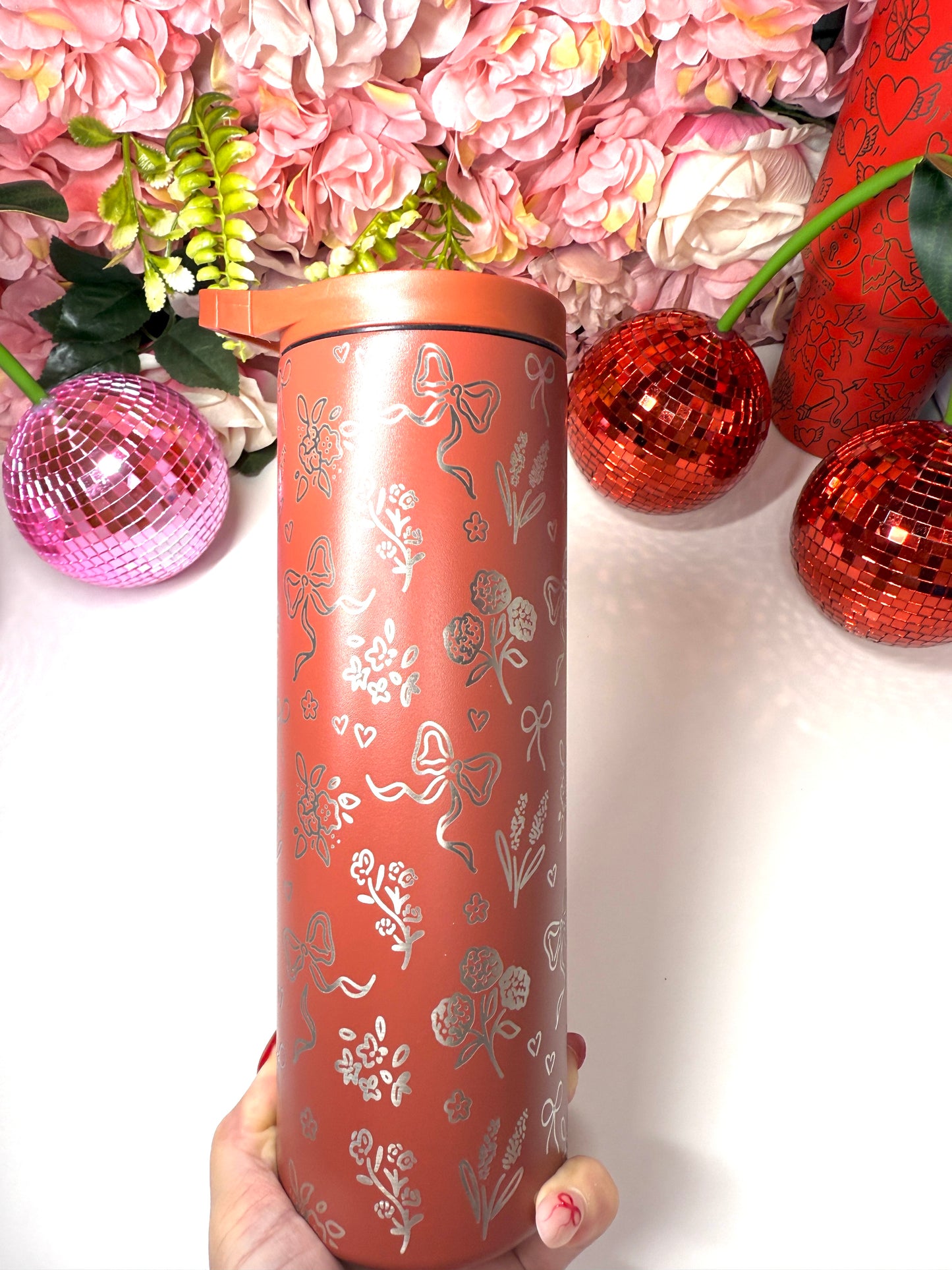 Coquette Floral Engraved 20oz Skinny Tumbler in Cranberry Spice