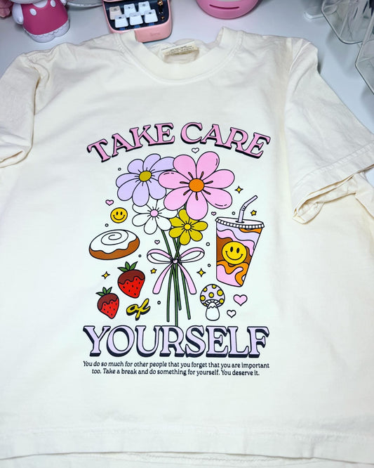 Take Care of Yourself Self Care Retro Boxy Fit Tee in Ivory