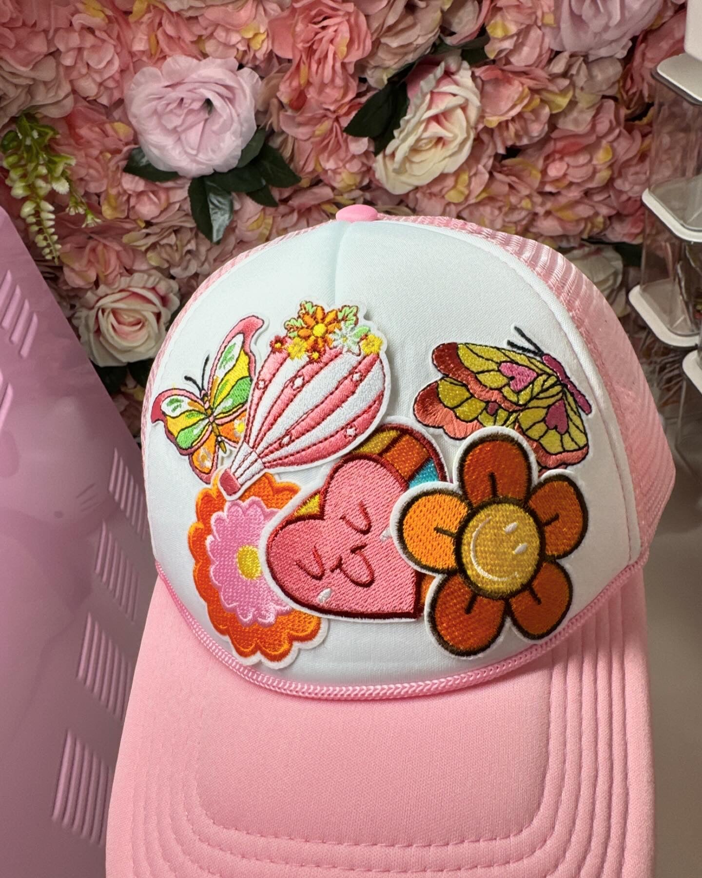 Retro One of A Kind Patch Trucker Hat in Pink and White