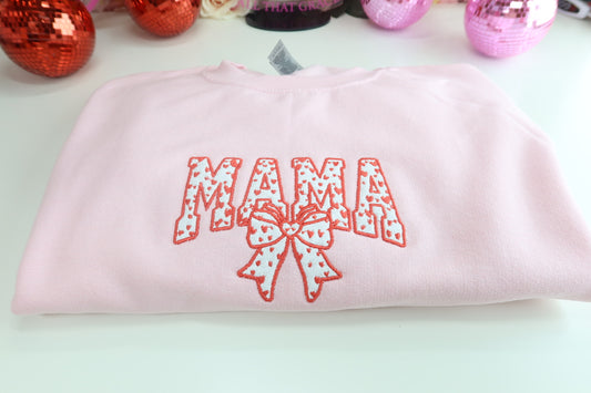Mama Bow And Heart Appliqué Crewneck Sweater in Pink