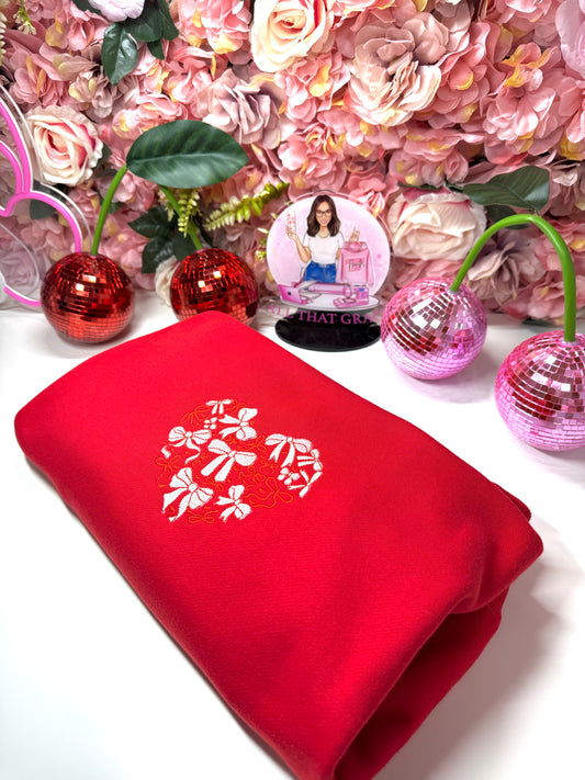 Heart Shaped Bow Embroidered Mock Neck Sweater in Red