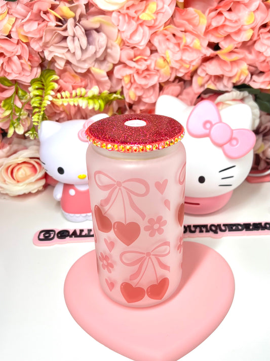 Cherry Bow Coquette Frosted Glass Libby Cup
