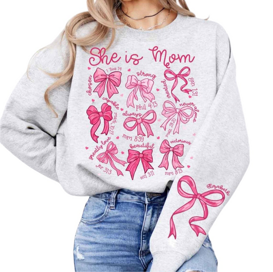 She Is Mom Bible Verse Bow Coquette Crewneck Sweater in Gray