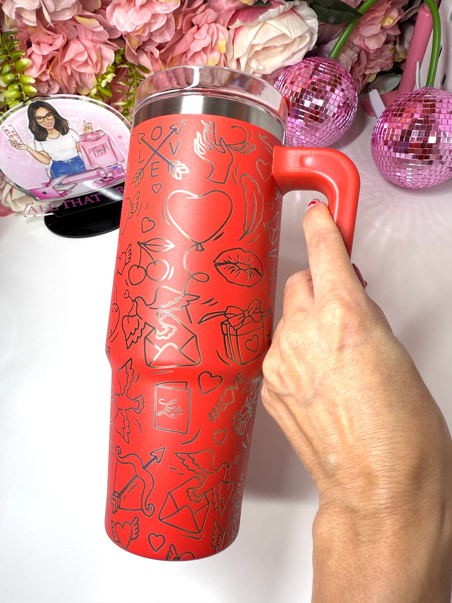 Valentines Love Letter Coquette Cherry Lip Engraved 30oz Red Grippy Tumbler