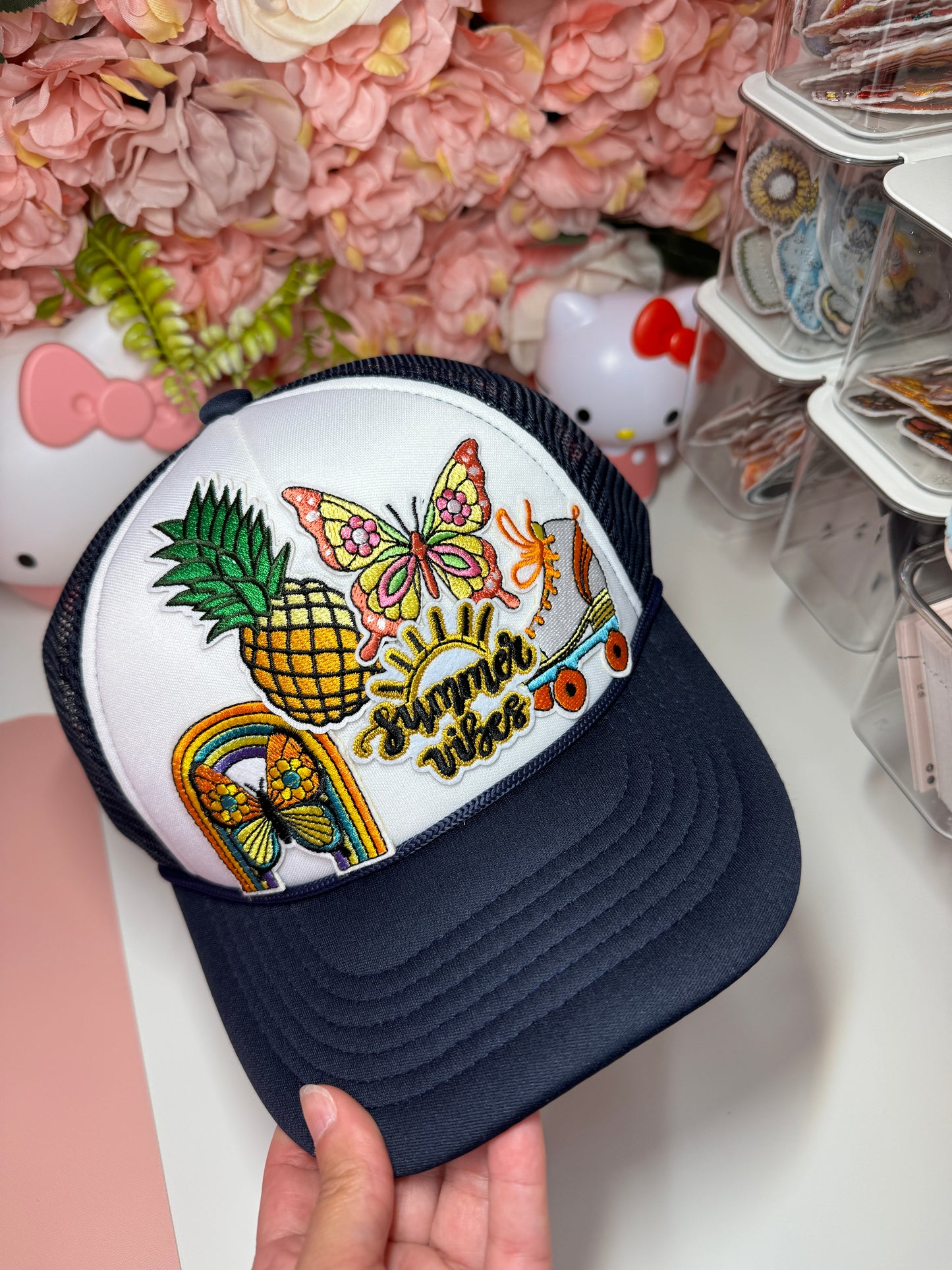 Summer Vibes Tropical Retro Trucker Hat Navy and White