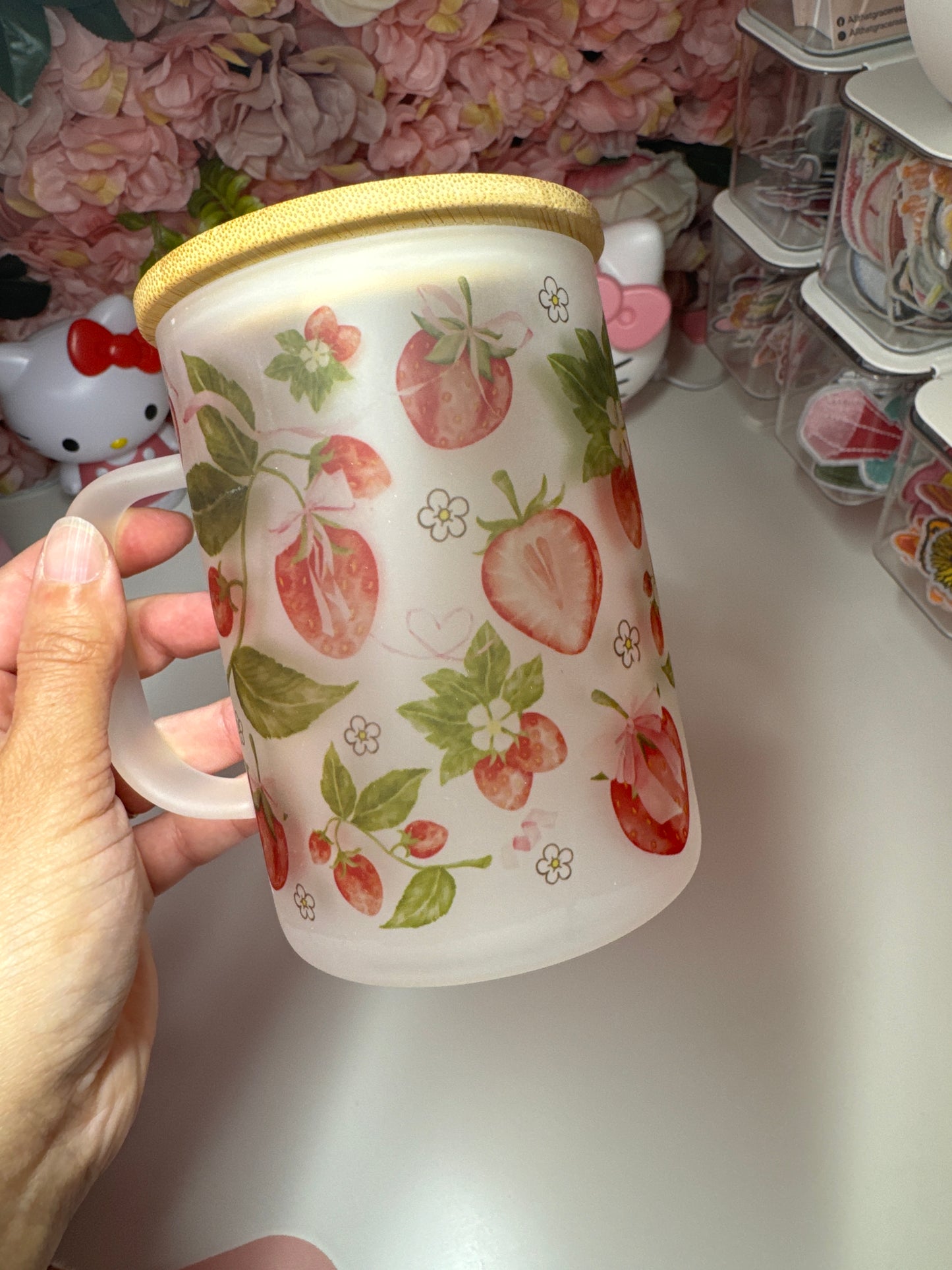 Strawberry Coquette Frosted Glass Mug 17oz