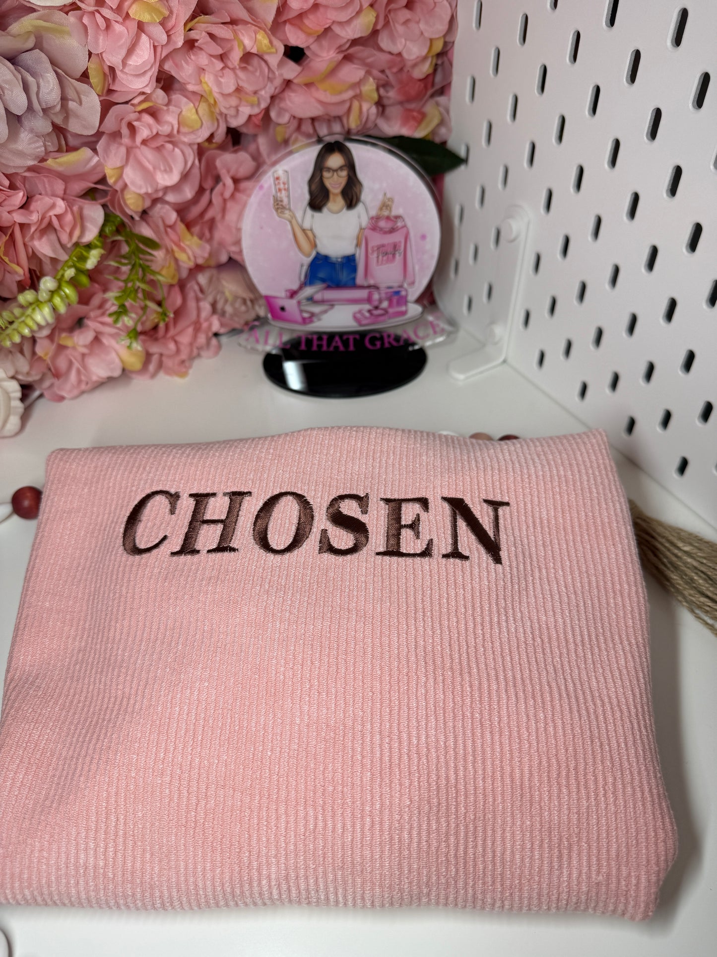 Chosen Embroidered Corded Crew Pullover in Pink