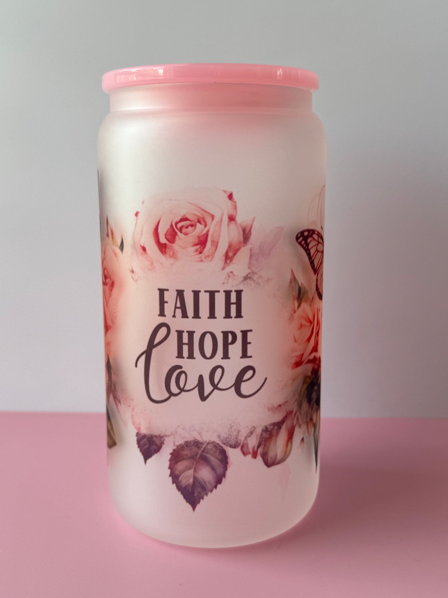 Faith, Hope, Love, Floral and Butterfly Frosted Libby Cup 16oz