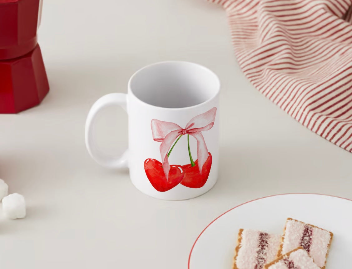 Bow Heart Cherry Coquette Ceramic Mug