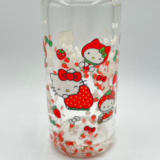 Cat, Bow & Strawberry Snow Globe 16oz Glass Tumbler WIth Lid