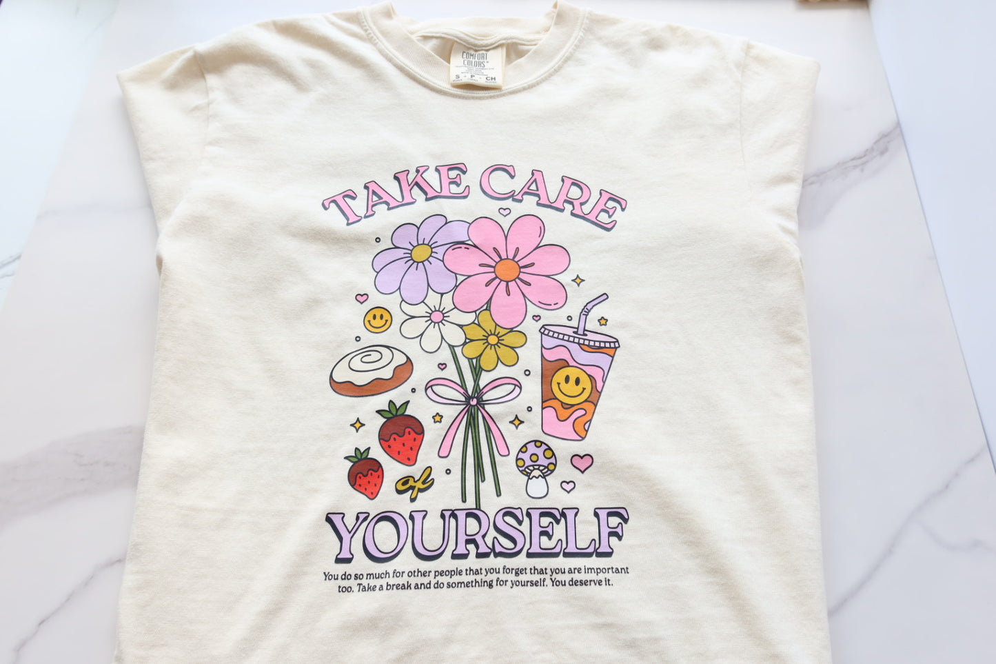 Take Care of Yourself Self Care Retro Boxy Fit Tee in Ivory