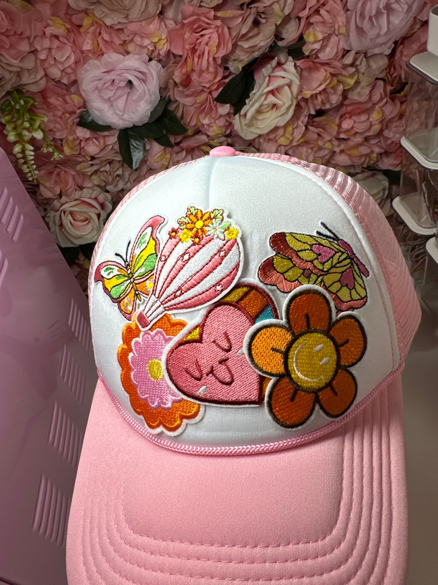 Retro One of A Kind Patch Trucker Hat in Pink and White