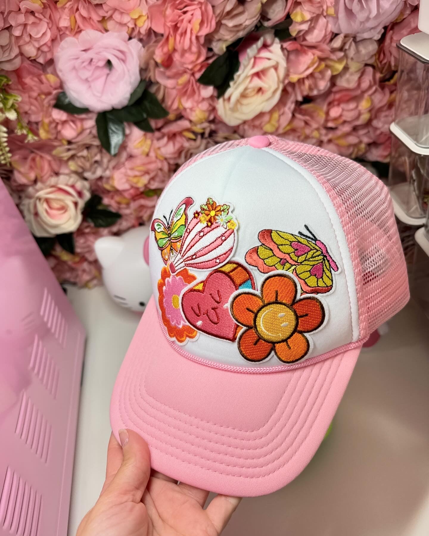 Retro One of A Kind Patch Trucker Hat in Pink and White