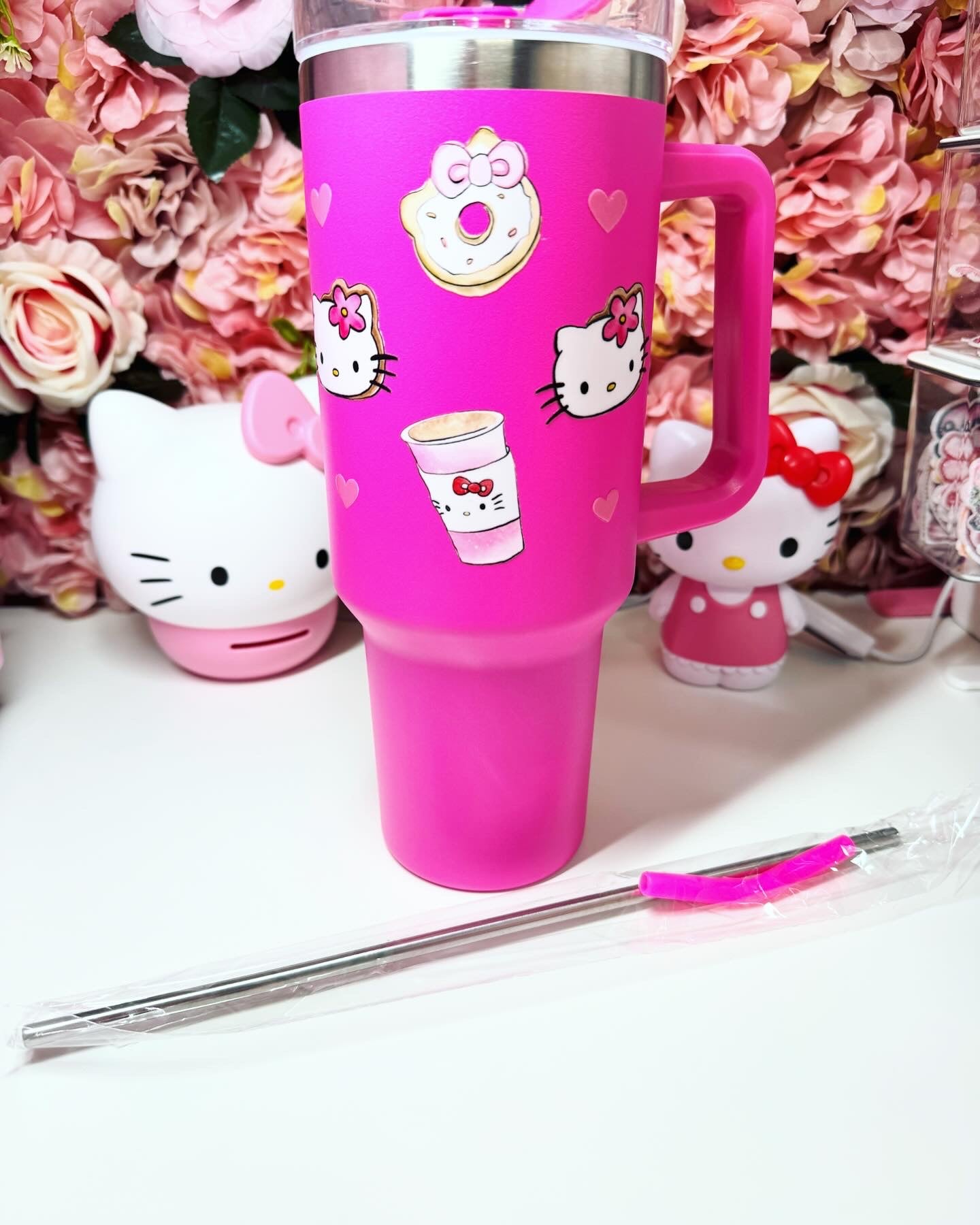 Kawaii Cat Donut & Coffee 40oz Travel Tumbler Hot Pink