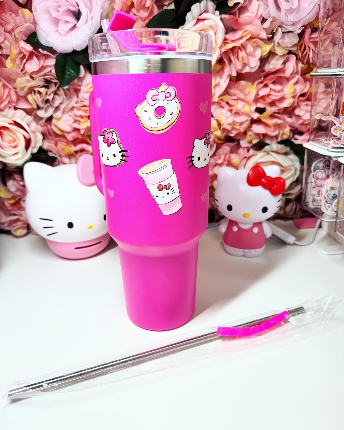 Kawaii Cat Donut & Coffee 40oz Travel Tumbler Hot Pink