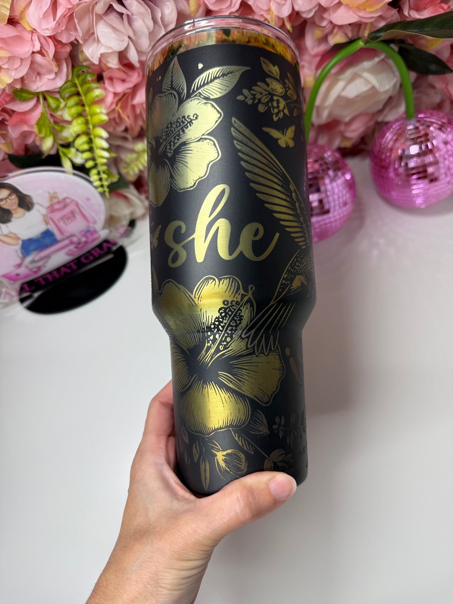 She Is Strong Humming Bird Rainbow Engraved Chroma 40oz Tumbler