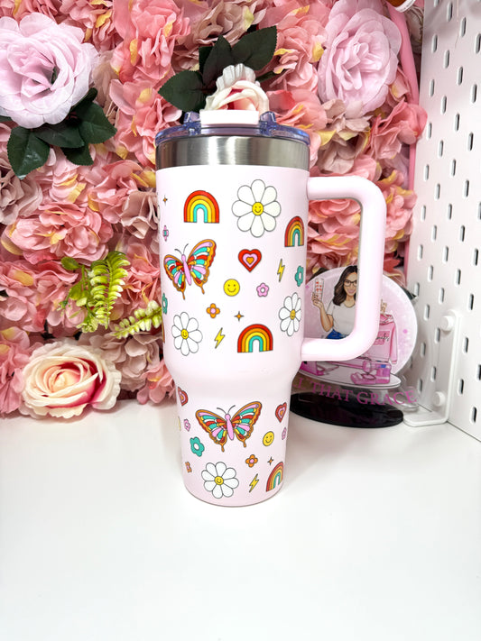 Retro Rainbow Smiley Face Big Swig Tumbler 40oz Blush Pink