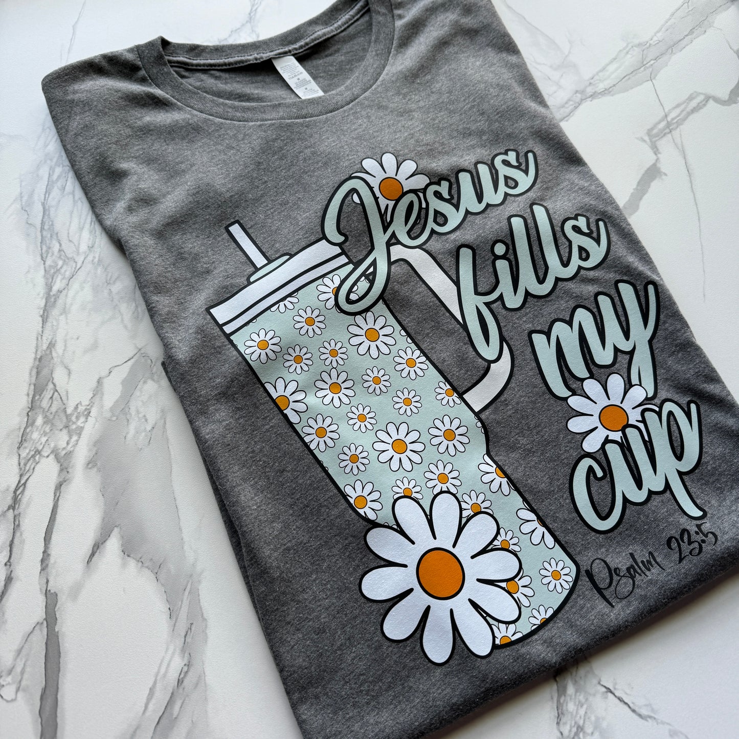 Jesus Fills My Cup Psalm 23:5 Tee in Gray Heather Unisex