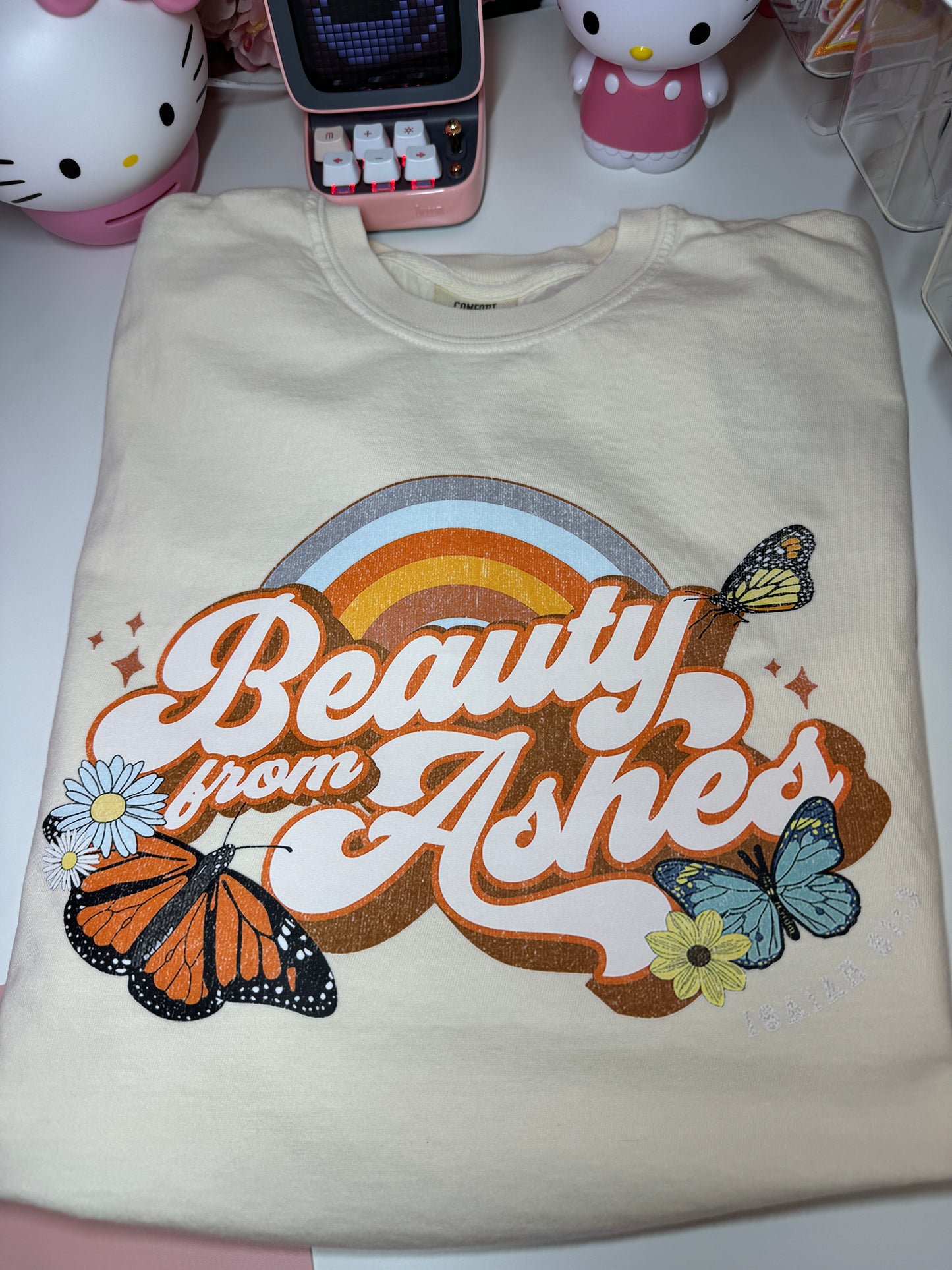 Beauty From Ashes Bible Verse Boho Butterfly Boxy Fit Tee in Ivory