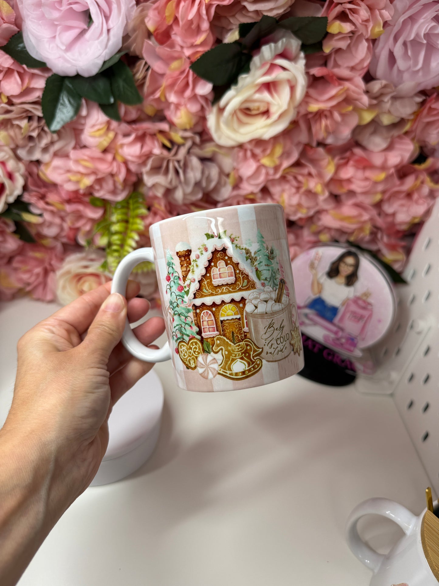 Baby It's Cold Outside Pink Gingham Gingerbread House Christmas Ceramic Coffee Mug