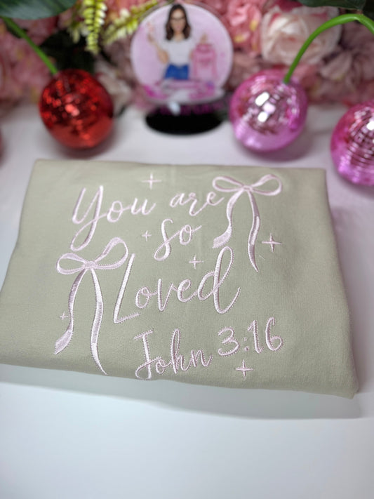 You Are So Loved John 3:16 Cream Bow Embroidered Crewneck In Light Pink Stitching