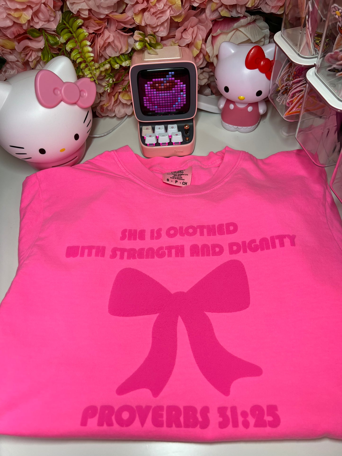 She Is Clothed With Strength and Dignity Proverbs 31:25 Coquette Tee in Neon Pink Puff Print