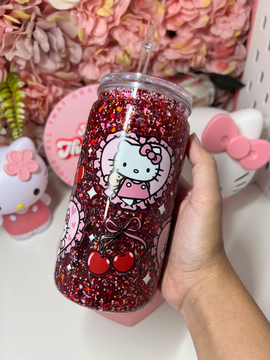 Cherry Coquette Cat Glitter Acrylic Snow Globe