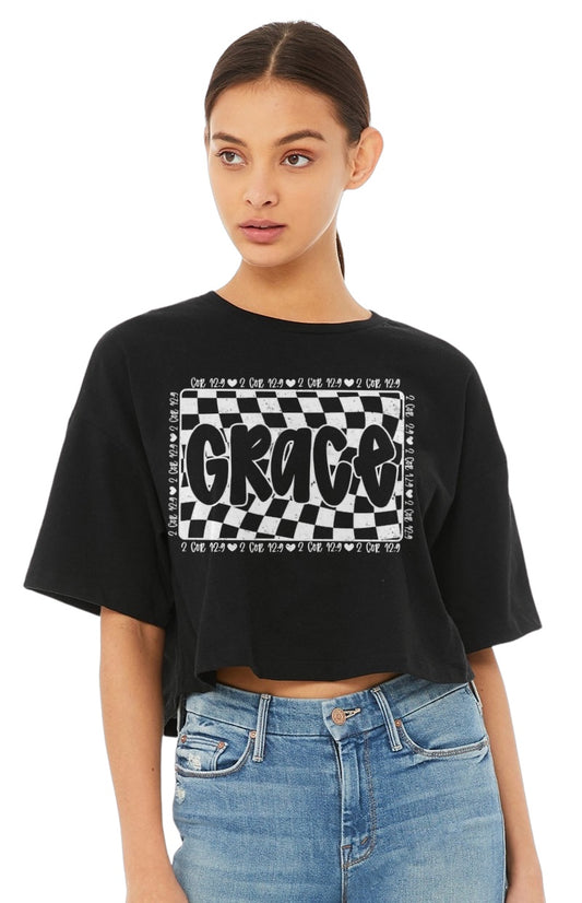 Grace Vintage Checked Cropped Short Sleeved Tee in Black