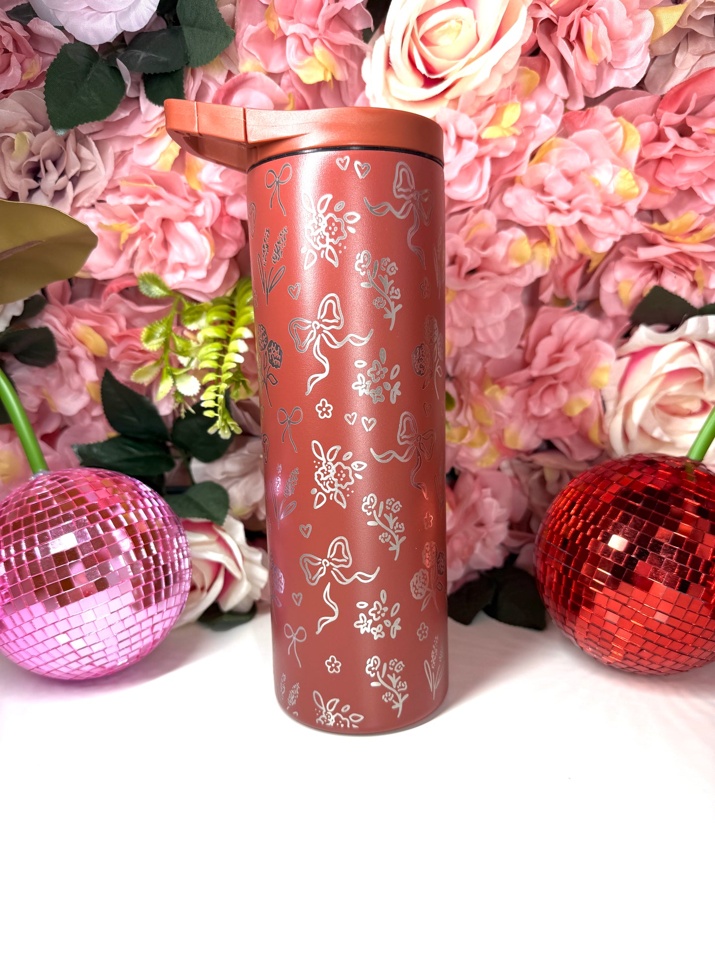 Coquette Floral Engraved 20oz Skinny Tumbler in Cranberry Spice