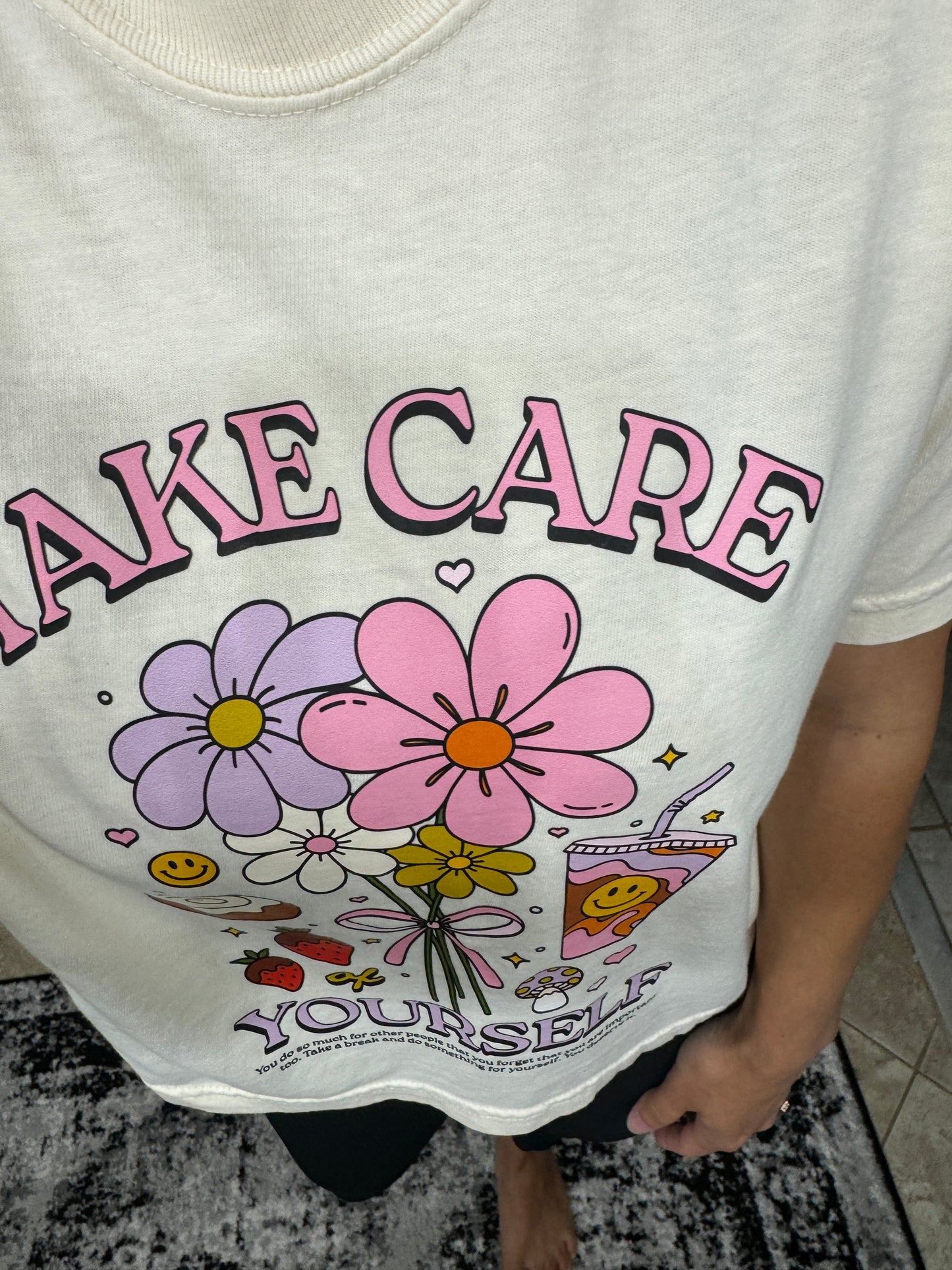 Take Care of Yourself Self Care Retro Boxy Fit Tee in Ivory