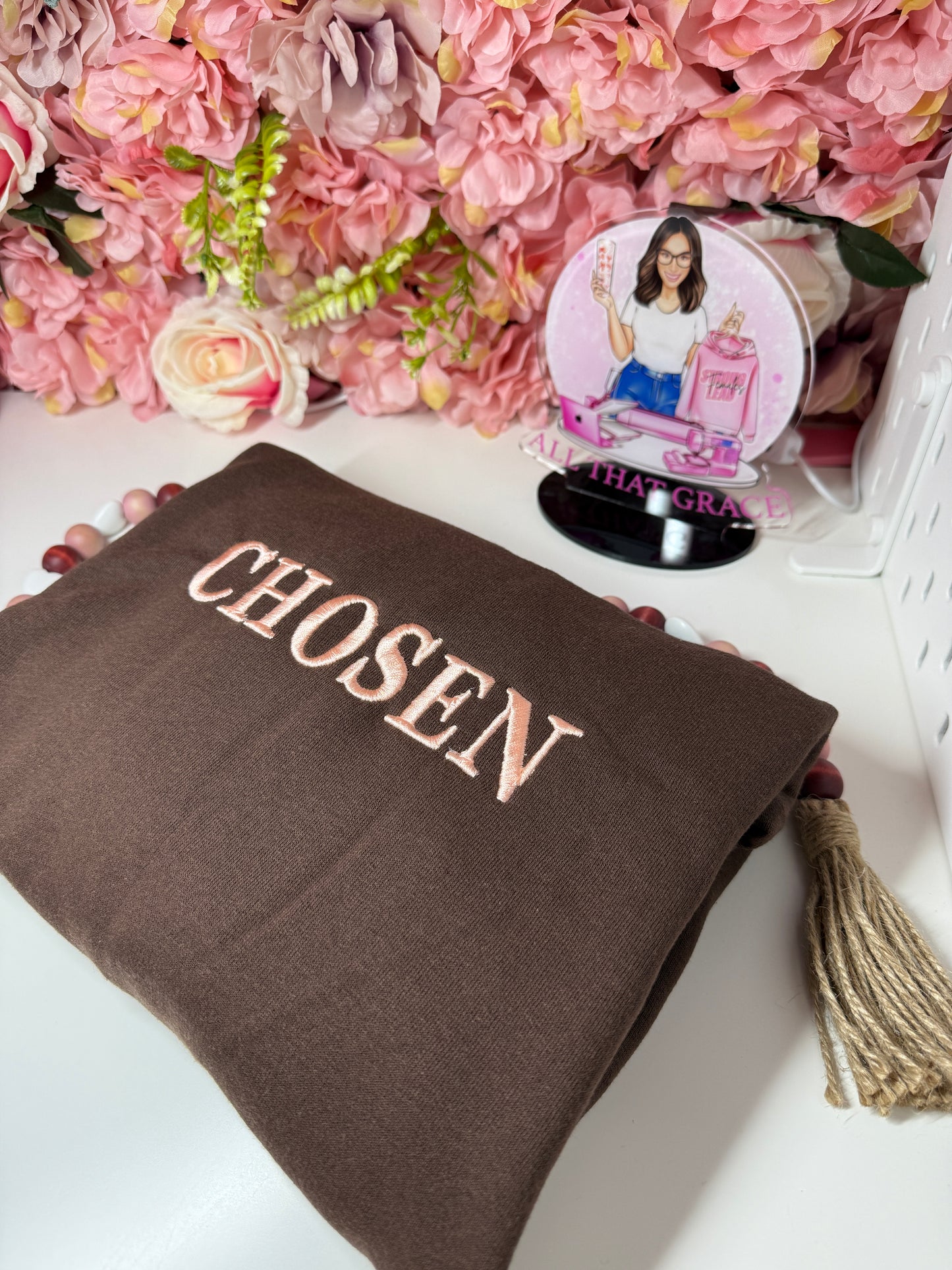 Chosen Embroidery Chocolate Brown Crew Neck Pullover Sweater With Pink Stitching