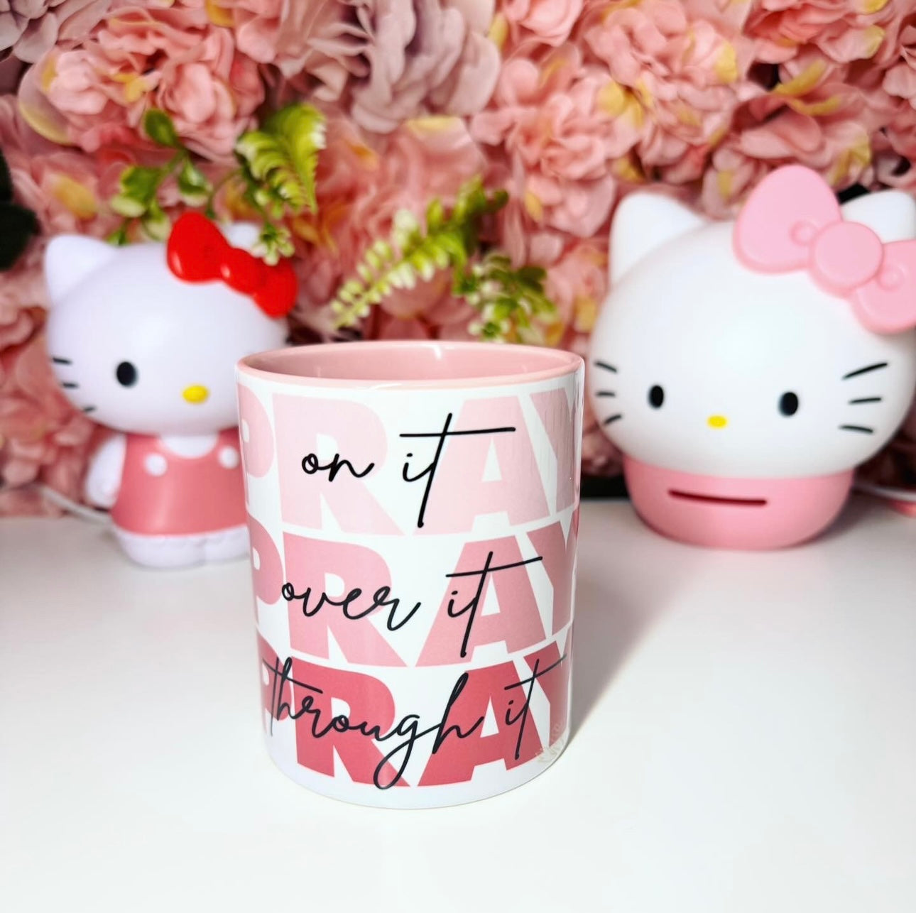 Pray On It Pray Over It Pray Through It Pink Ombre Floral 15oz Mug