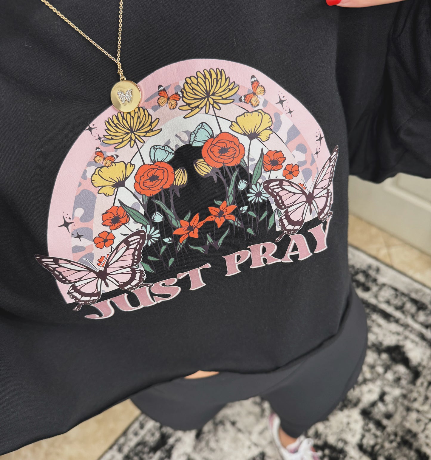 Woman's Just Pray Butterfly Cropped Long Sleeve Tee