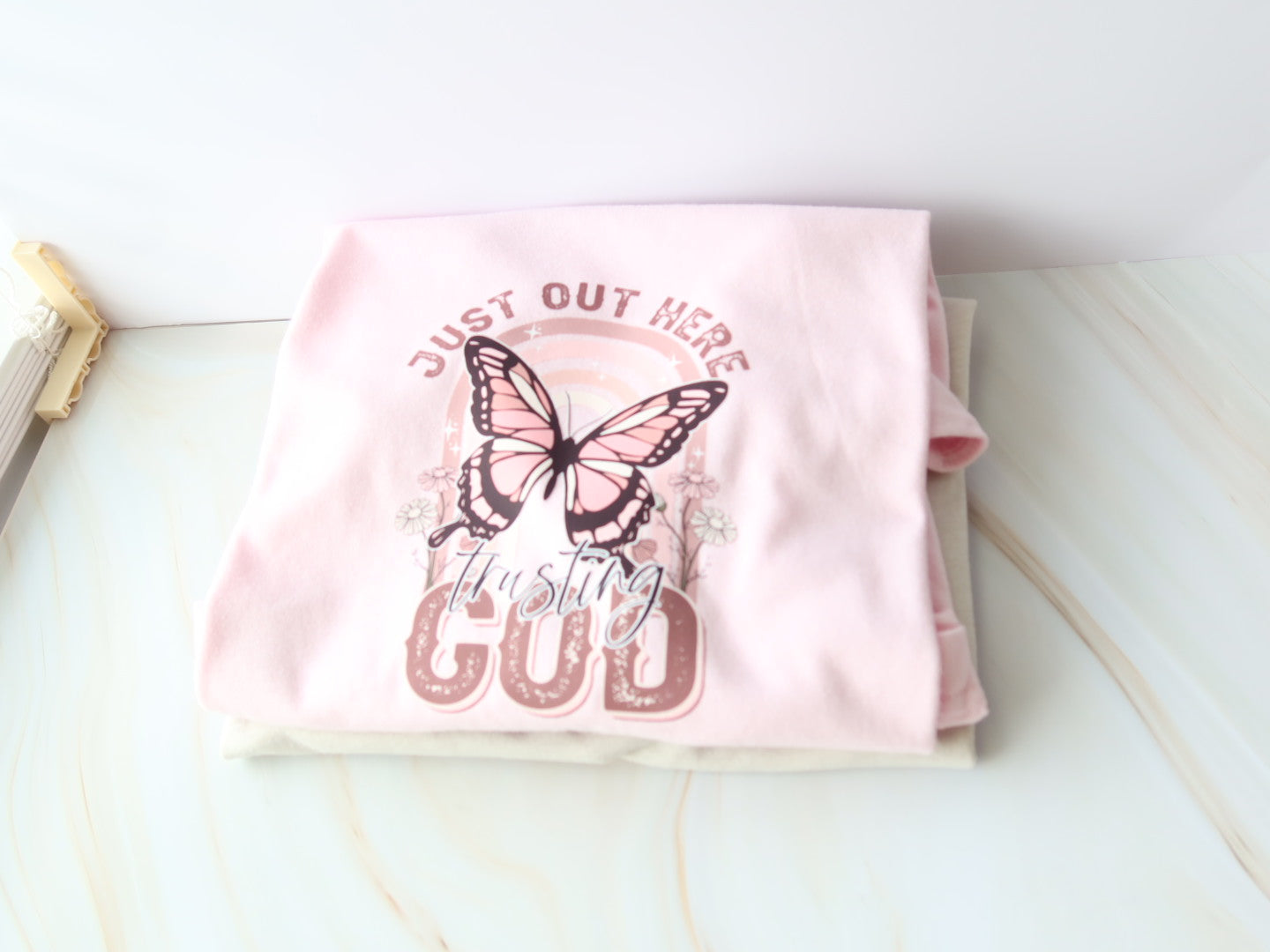 Just Out Here Trusting God Butterfly Tee In Pink Unisex Size