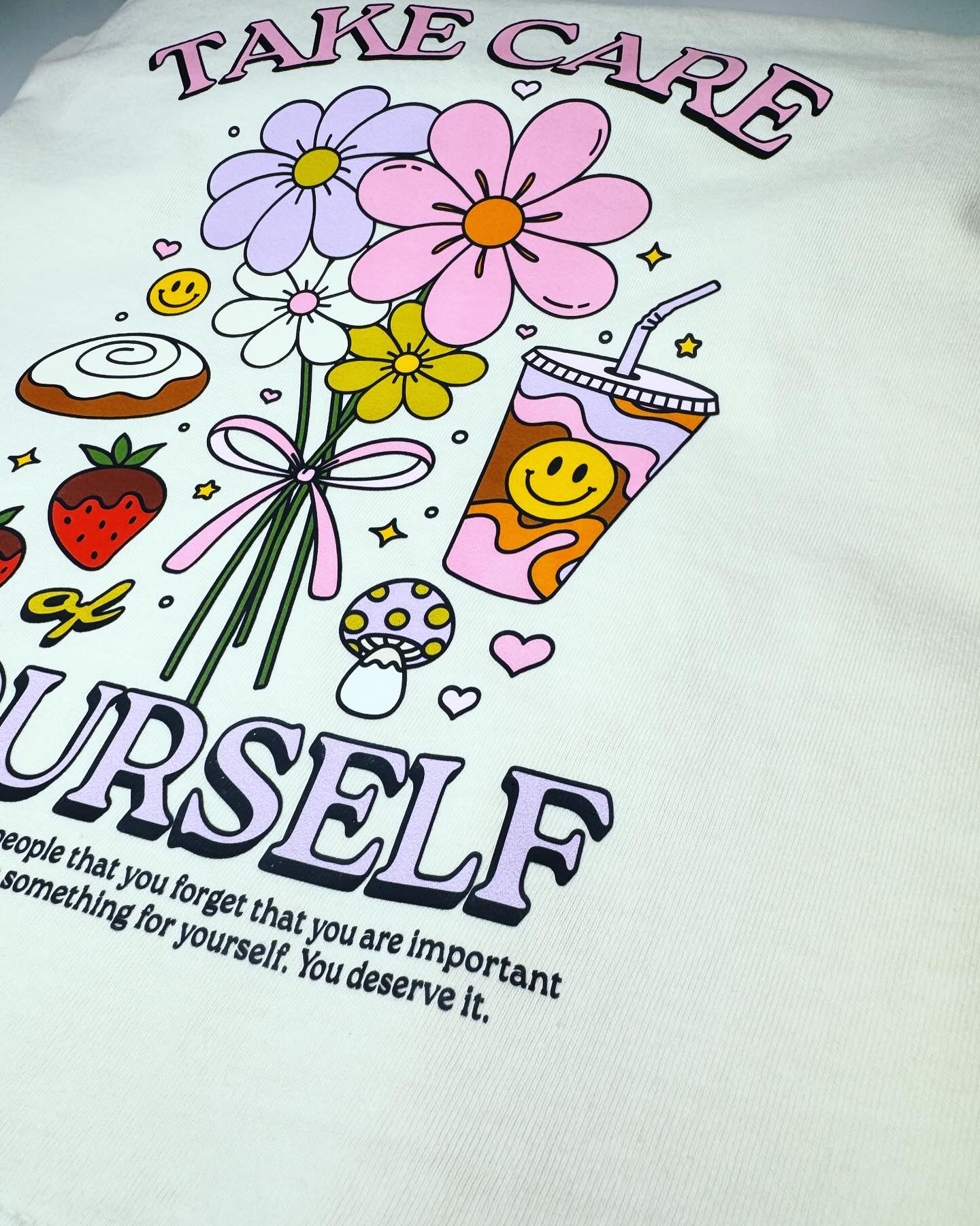 Take Care of Yourself Self Care Retro Boxy Fit Tee in Ivory