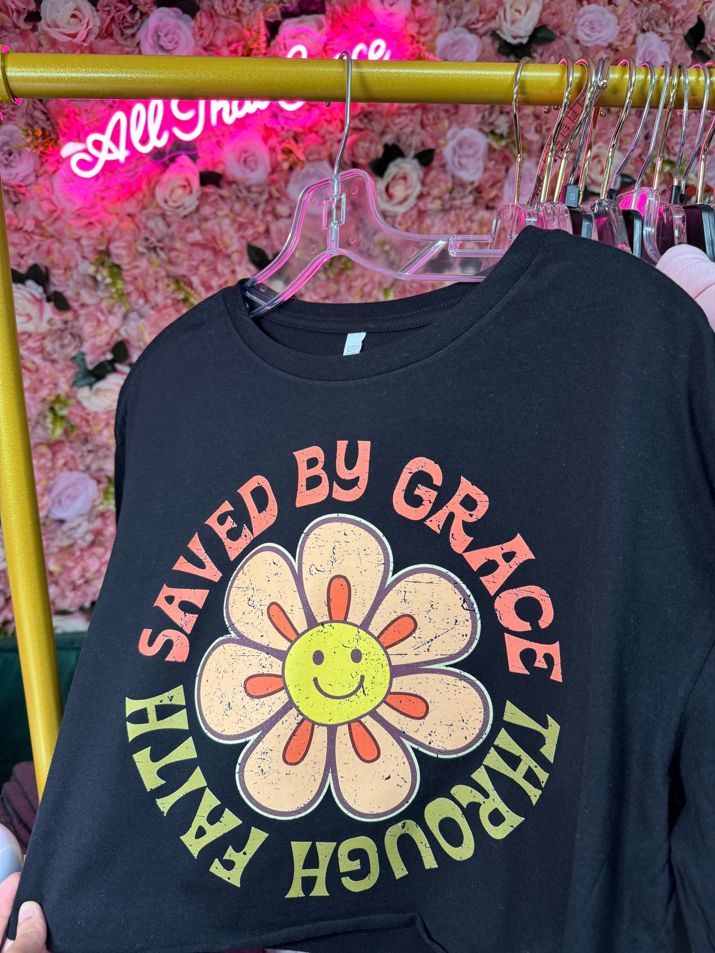 Retro Saved By Grace Through Faith Tee in Black